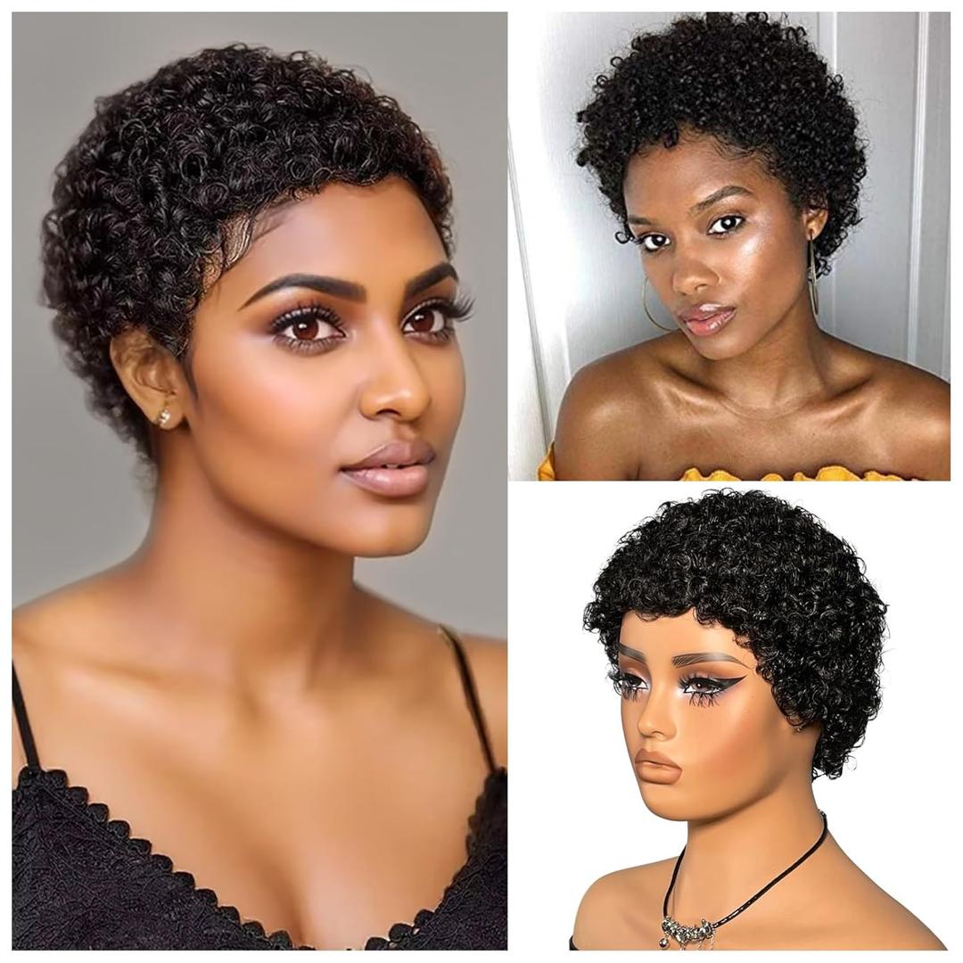Short Afro Kinky Curly Wigs for Black Women 100% Human Hair Deep Wave Curly Pixie Cut Wig, Natural Black Glueless Short Afro Kinky Wig Brazilian Virgin Human Hair African Style Daily Party Wear Wigs