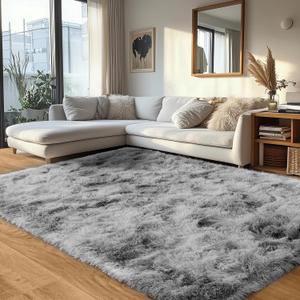 OHDS Grey Fluffy Rug for Bedroom 6x9 ft - Ultra Soft & Non Slip Shaggy Area Rug, Comfy Durable Carpet for Living Room Kids Room Teens Dorm Home Decor, 1.7'' Thick Indoor Plush Carpets (Tie-dye Gray)