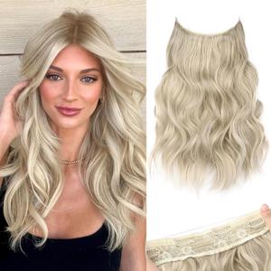 KooKaStyle Invisible Wire Hair Extensions with Transparent Headband Adjustable Size 4 Secure Clips Long Wavy Secret Wire Hairpiece 16 Inch for Women (Light Brown mix Platinum Blonde)