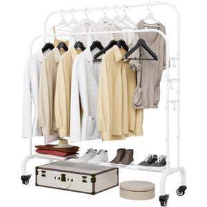 Garment Rack with Wheels Clothing Rack for Hanging Clothes Multi-functional Bedroom Clothes RackWhite+Double Rods