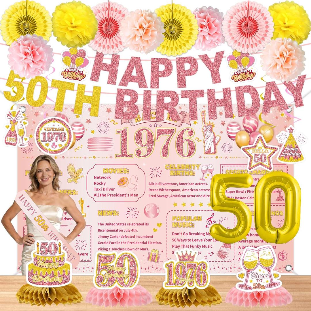24 Pcs 50th Birthday Decorations for Women, Back in 1976 Party Supplies, Pink Gold 50th Birthday Banner Backdrop Hanging Swirls Balloons Honeycomb Centerpieces Sash