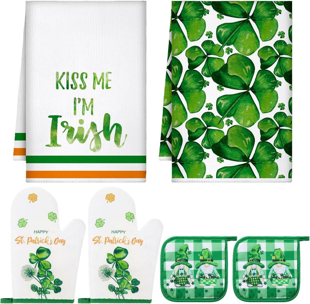Bencailor 6 Pcs St. Patrick's Day Kitchen Towels Oven Mitts and Pot Holder Sets Green and Black Buffalo Plaid Dish Towels Shamrocks Oven Mitts Glove Potholders for Irish(Clover,Kiss Me)