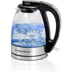 Hamilton Beach Glass Electric Tea Kettle, Water Boiler & Heater, 1 Liter, 1500 Watts for Fast Boiling, BPA Free, Cordless Serving, AutoShutoff & BoilDry Protection, Soft Blue LED (40930), 1.1 Quarts