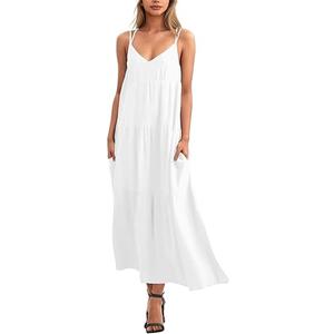 Febriajuce Women’s Summer Maxi Dress Casaul Spaghetti Straps Solid V-Neck Backless Cami Dresses with Two Pockets, Medium
