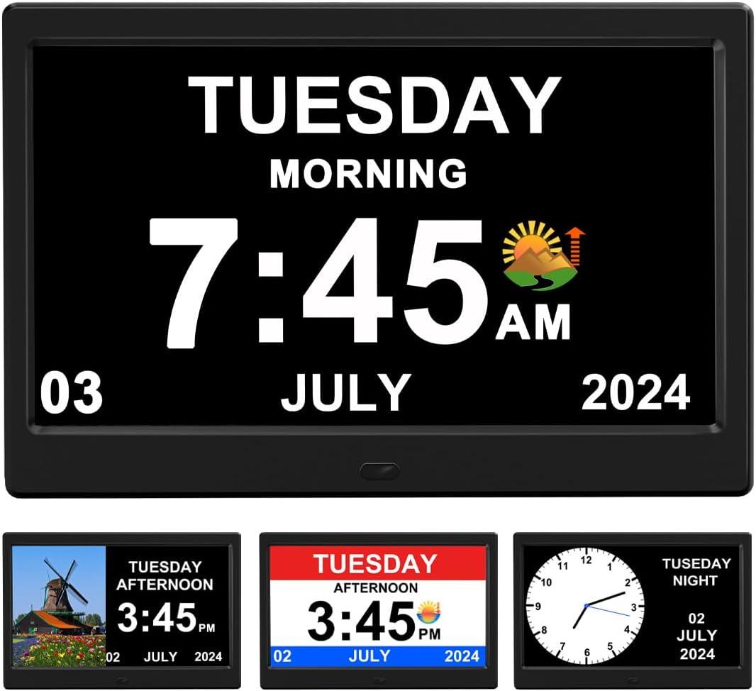 Alarm Clock with Day and Date for Elderly Digital Calendar Clock Photo Frame- Auto Dimmable Display 15 Alarm Options, Clock with Non-Abbreviated Day & Month (10.1 inch Black)