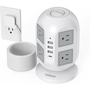 TESSAN Tower Surge Protector Power Strip 15 ft, Long Flat Extension Cord with Multiple Outlets, 8 AC Outlets with 4 USB Ports (1 USB C), Charging Station with Surge Protection, for Home Office Dorm (Grey)