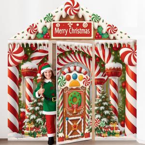 Peryiter 4 Pcs Christmas Candy House Door Cover Decoration Christmas Backdrops Door Decoration Xmas Candy Banner for Window Classroom Office Home Indoor Outdoor Party Supplies