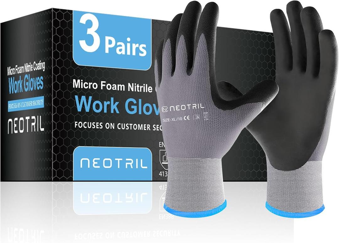 NEOTRIL Safety Work Gloves MicroFoam Nitrile Coated- Pairs,Breathable Nylon Working Gloves for Men Women, XL, 3 Pairs 