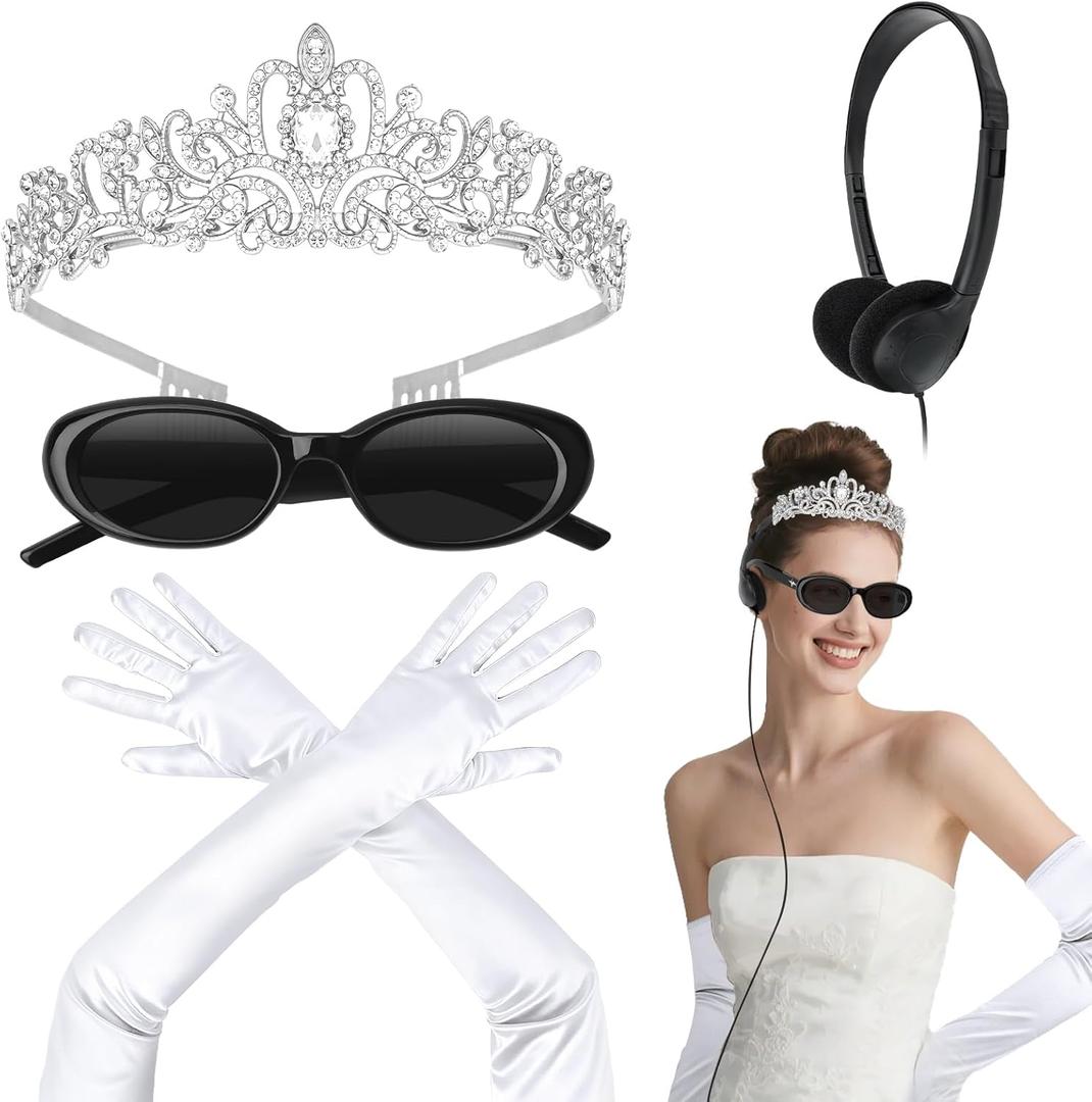 Semato Princess Costume Accessories for Women Princess Bachelorette Party Crown with White Long Gloves and Sunglasses Set