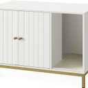 Feandrea Litter Box Enclosure, Modern Cat Litter Box Furniture Hidden, with Scratching Mat, Tall Legs, Cat House, Side End Table, 31.5 x 19.7 x 21.7 Inches, White and Gold UPCL007W01
