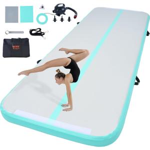 VEVOR Gymnastics Air Mat, Inflatable Track with Electric Pump, Training Mats for Home Use/Gym/Yoga/Cheerleading/Beach/Park/Water (10ft*3.3ft*4in(3*1*0.1m), Mint Green)