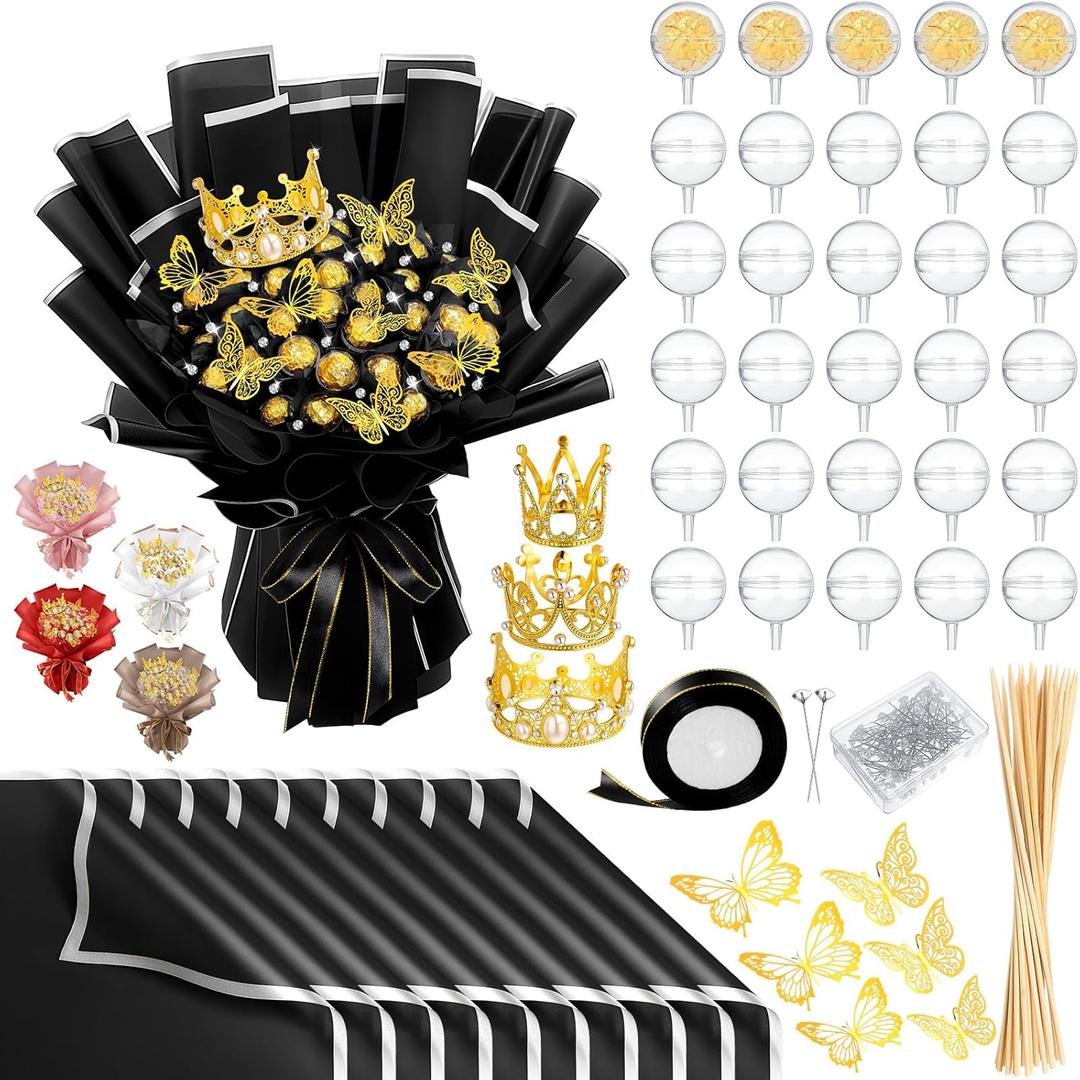 109 Graduation DIY Chocolate Flower Bouquet Kit 2025 Candy Rose Clear Acrylic Lollipop Ball Holder Floral Wrapping Paper 3D Gold Butterfly Crown Ribbon Grad Gift(Black and Silver)
