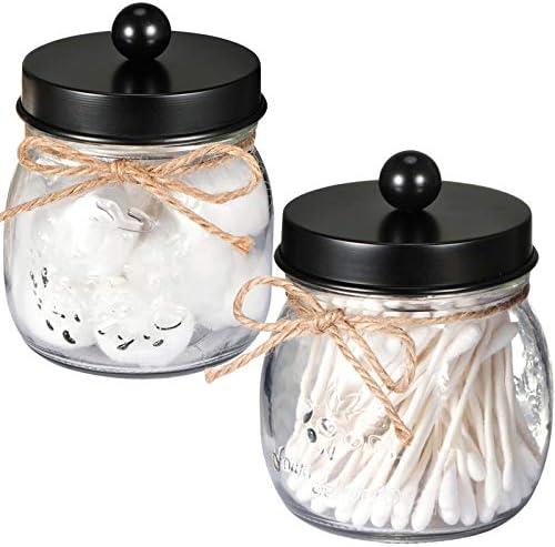 SheeChung 2 Pack Qtip Holders, Black Bathroom Decor, Cotton Swab Holders, Bathroom Jars, Restroom Decor for Cotton Balls, Pads, Floss Picks - Black