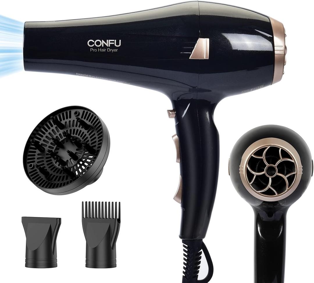 CONFU Hair Dryer, Professional Ionic Salon Blow Dryer with Diffuser for Women and Men, 5X Fast Drying, Powerful and Quiet Hair Blow Dryer for Fast & Easy Styling (1875 Watts) (Carbon Black)