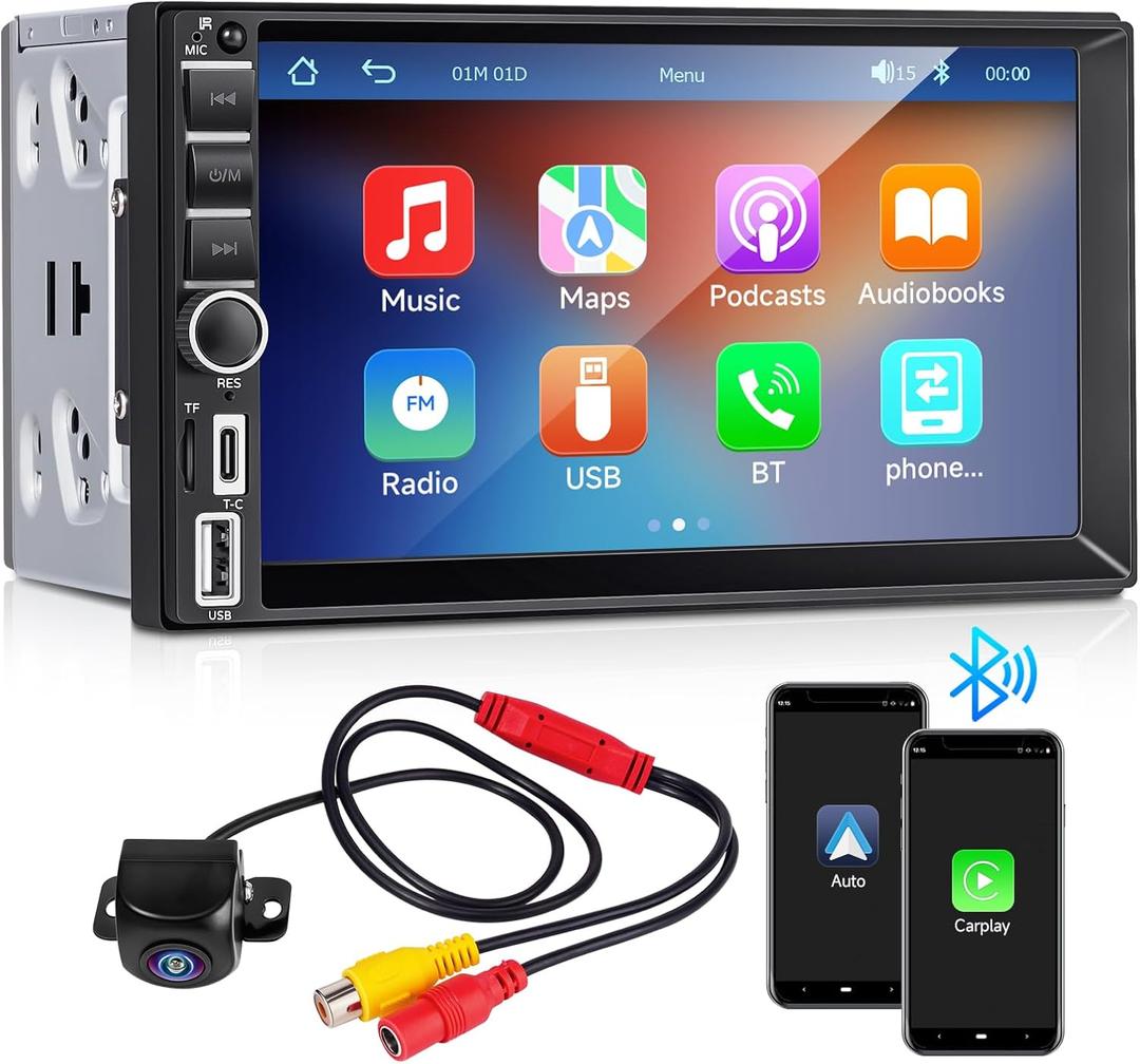 Double Din Car Stereo with Wireless Apple CarPlay & Android Auto, 7" Touchscreen Car Radio Receiver W/Bluetooth, Backup Camera, Mirror Link, AM/FM (UN-1701C)