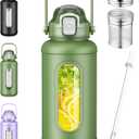 Nefeeko 50 oz Glass Water Bottles, Large Motivational Glass Water Bottle with Time Marker Straw, Wide Mouth Water Bottle Jug with Spout Lid Protective Sleeve for Gym Sports Home(Green)