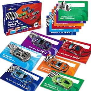 Valentine's Day Cards for Kids- 24 Metal Die-Cast Racing Cars with Valentine's Cards Bulk, Valentine's School Classroom Exchange Gifts, Valentine's Party Favor Supplies for Kids, Valentine Prizes