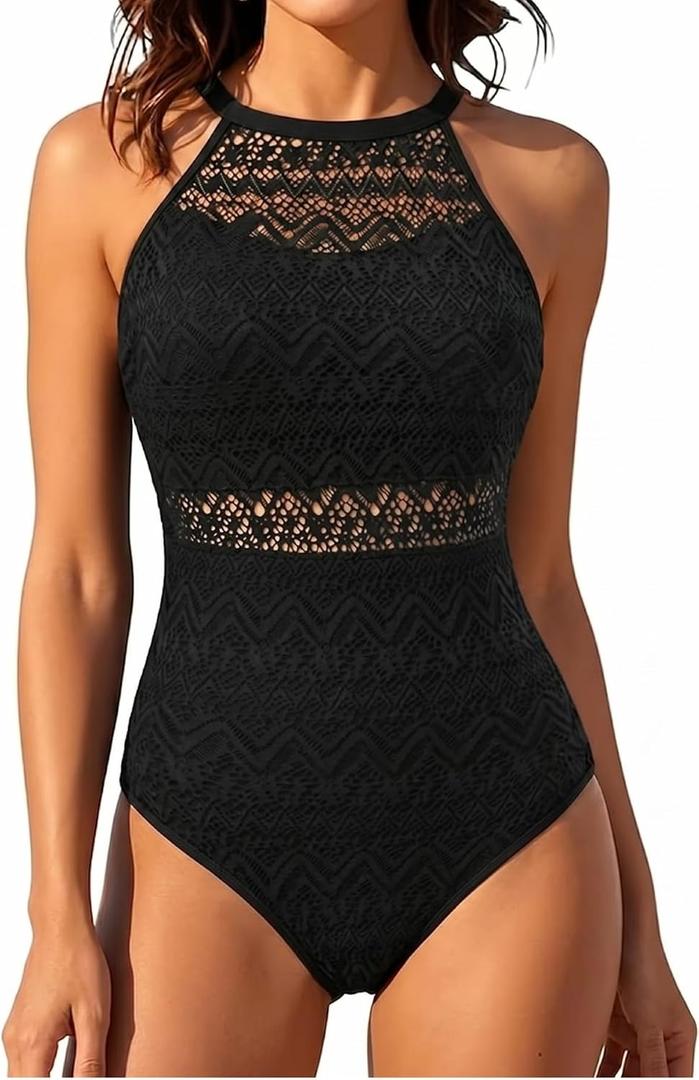 Holipick Crochet Tummy Control One Piece Swimsuit Modest Bathing Suit High Neck Full Coverage Swimwear (Black, L)