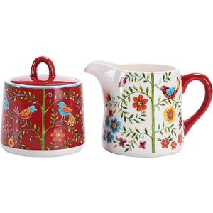 Bico Red Spring Bird Ceramic Sugar and Creamer Set, Sugar Bowl with Lid, Cute Container for Coffee Bar, Kitchen Countertop Accessories, Microwave and Dishwasher Safe