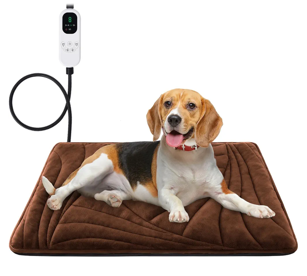 Petrendy  Large Dog Heating Pad with Washable Cover, Soft Plush Pet Heating Pad with 9 Adjustable Temperature, Timer, Chew-Resistant Cord, Waterproof Electric Heated Pet Bed Mat for Dogs and Multi-Cats, Brown