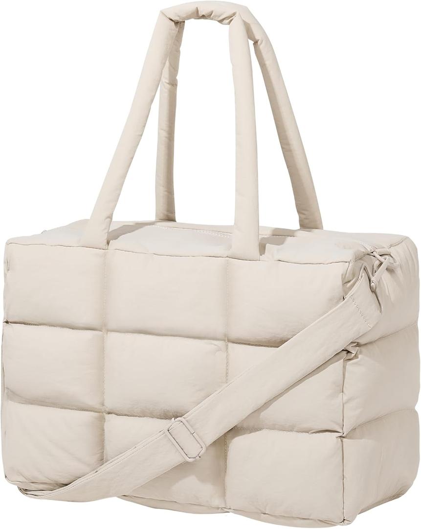 Puffer Tote Bag with Laptop Compartment, Quilted Shoulder Bag for Work Gym, Puffy Travel Carry On Tote with Zipper (Beige)