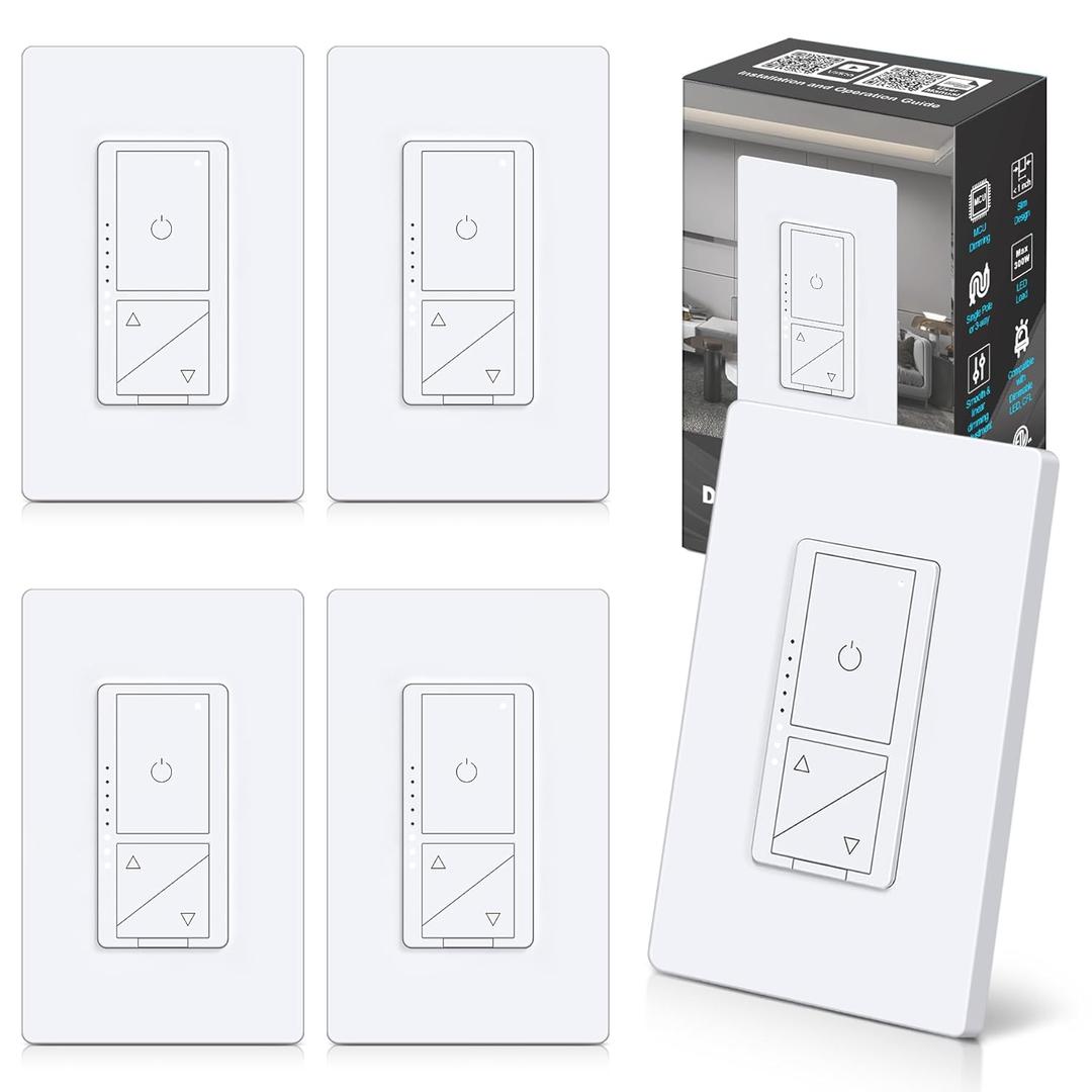BESTTEN 5 Pack Super Slim Digital Dimmer Light Switch with Screwless Wallplate, Single Pole or 3 Way Dimmer with Air Gap Power Cut Off Switch, 3 Button Control, ETL Listed, White