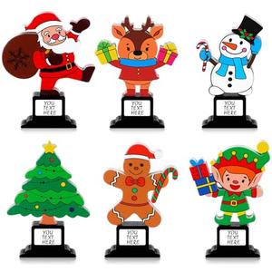 Cinnvoice 12 Pcs Christmas Trophy Set 4.7 Inch Wooden Trophy Award with Customized Stickers DIY Santa Claus Awards for Christmas Decoration Fun Party Favors Ornament, 6 Styles (Multicolor)