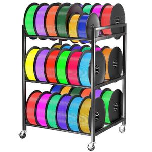 3D Printer Filament Storage Rack, Heavy Duty Metal Cart for 36 Spools | 3-Tier Rolling Filament Rack with Wheels for Workshops, Studios, and Offices | Storage Organizer for PLA, ABS, TPU Filaments (Black)
