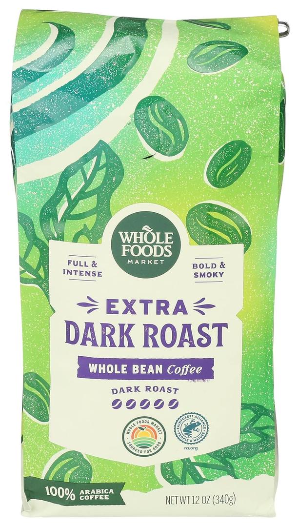 Whole Foods Market, Extra Dark Roast Whole Bean Coffee, Full & Intense, Bold & Smoky, 12 Ounce (EXP 05/30/26)