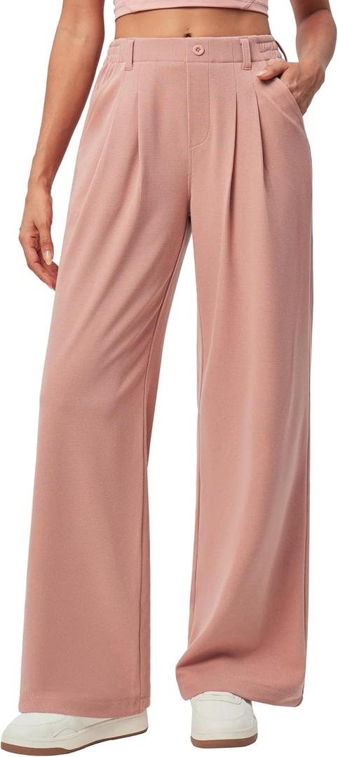 IUGA Wide Leg Pants Woman Pull on Stretchy Work Dress Pants High Waisted Business Casual Trousers Slacks 26''/28'' (Small, Pink)