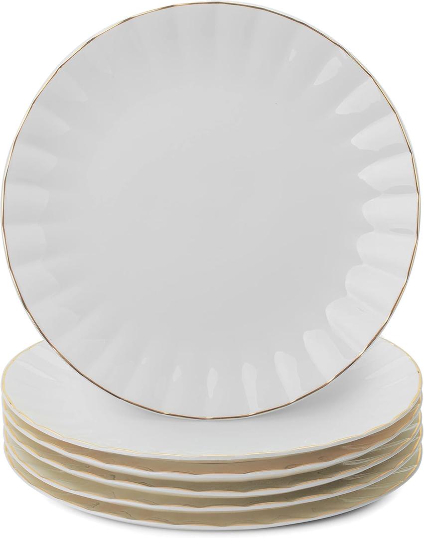 BTaT- Porcelain Dinner Plates With Gold Trim, 10.5 Inch, Set of 6, White Plate Set, Bulk