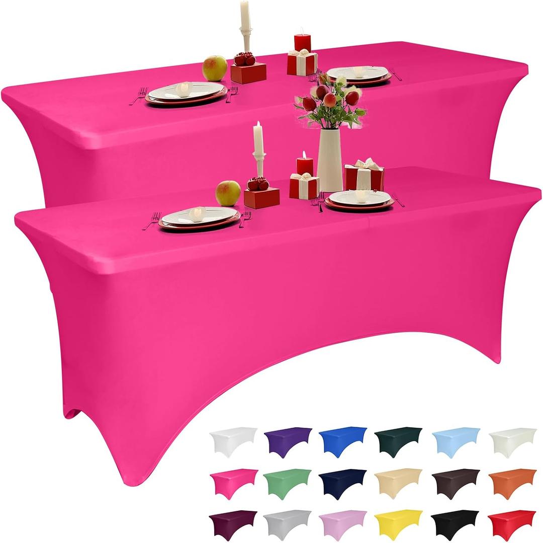 2 x 2 Pack 6 Feet Fuchsia Spandex Tablecloth for Rectangular Tables, Fitted & Stretch, Washable, Wrinkle Resistant, Perfect for Event, Wedding, Party, Banquet, Cocktail, Festival, and Table Protector