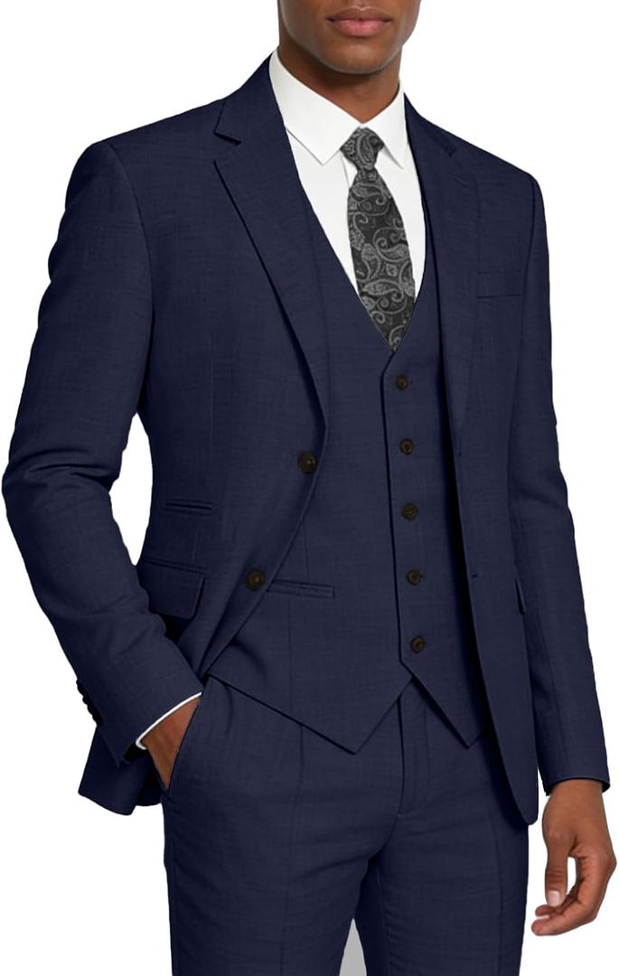 Elionm Navy Blue Suit Men Slim Fit 3 Piece Mens Wedding Suits Fomal Business Graduation Tuxedo for Men Suit Blazer Vest and Pants Set L