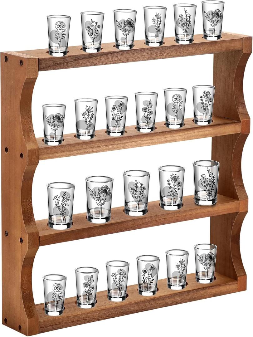 Wood Shot Glass Display Case Shot Glasses Holder Wall Floating Shelves Bar Collection Stand Collection Display Rack (Brown)