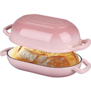Enameled Cast Iron Sourdough Bread Oven, Dutch Oven, Loaf Cast Iron Bread Pan for Homemade Bread Baking, Meatloaf Pan with Lid, 5QT, Pink