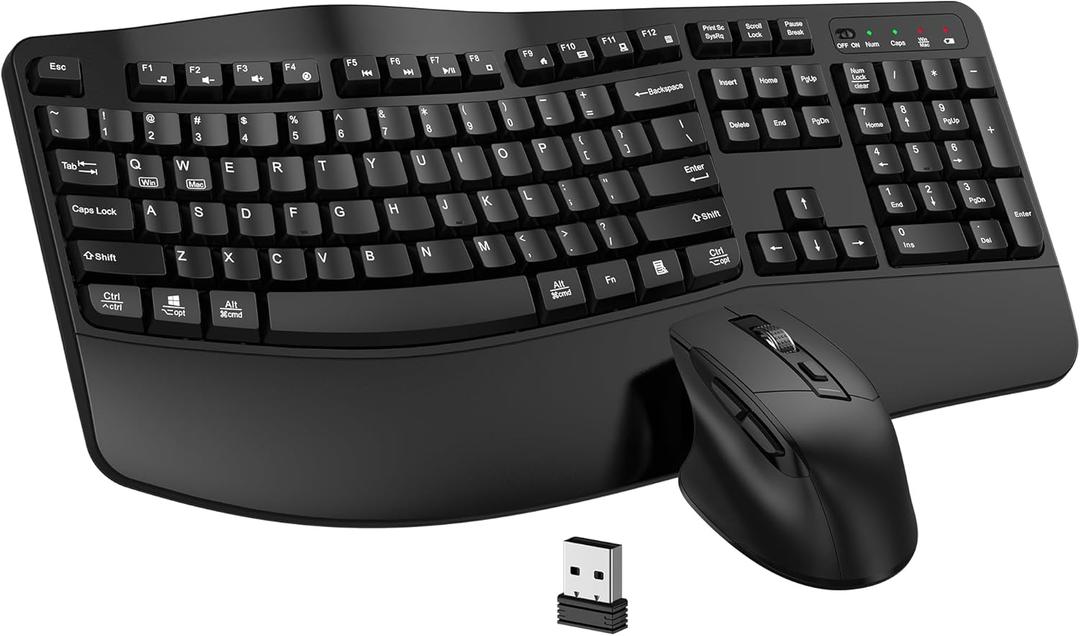 Wireless Keyboard and Mouse Combo, EDJO 2.4G Full Size Wave Keys Ergonomic Keyboard with Wrist Rest and 3-Level DPI Adjustable Wireless Ergonomic Mouse for Windows, Mac OS Desktop/Laptop/PC(Black)