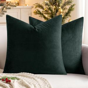 MIULEE Pack of 2 Velvet Soft Solid Decorative Square Throw Pillow Covers Christmas Cushion Case for Sofa Bedroom Couch,18x18 Inch Army Green