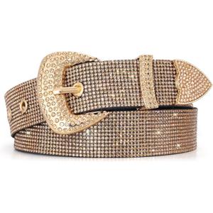 WHIPPY Rhinestones Leather Belts for Women Disco Bling Studded Belt for Jeans Pants Western Cowgirl Shiny Waist Belt, Gold, L