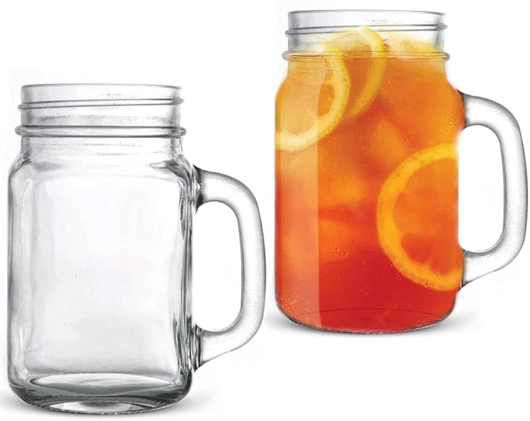 MEM WORLDSHOP 16 oz Regular Mouth Drinking Jars - (2 PACK) - Drinking Mason Jars Regular Mouth Mugs with Glass Handles