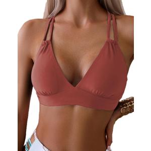 Tainehs Women's Push Up V Neck Bikini Tops Criss Cross Back Padded Bathing Suit Top Only (Pink, XL)