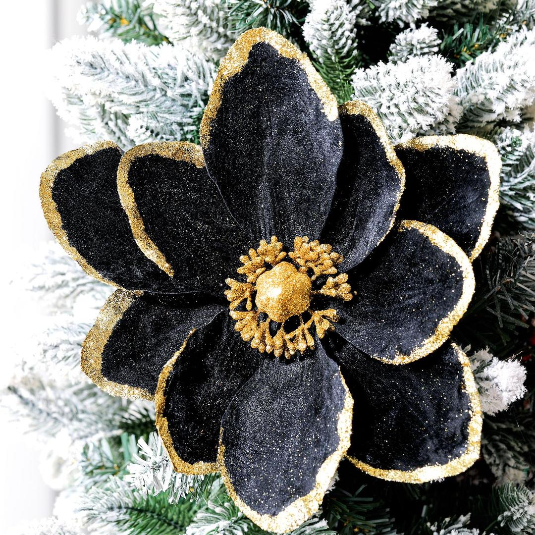 Thiccywoov 8 Pcs Large Christmas Flower Magnolia Flowers Christmas Tree Decoration Artificial Poinsettia Stems Velvet Xmas Ornaments for Xmas Tree Table Decor(Black, 12 Inch)