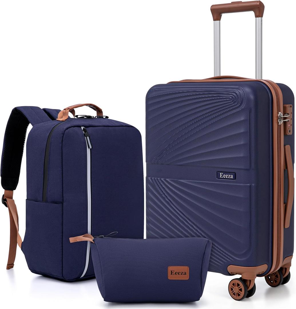 Carry On Luggage Set 22x14x9 Airline Approved Luggage Sets 3 Piece,Suitcases with Wheels,ABS Hard Case Luggage with TSA Lock Spinner Wheels(20 Inch,BP/TB) (Navy)