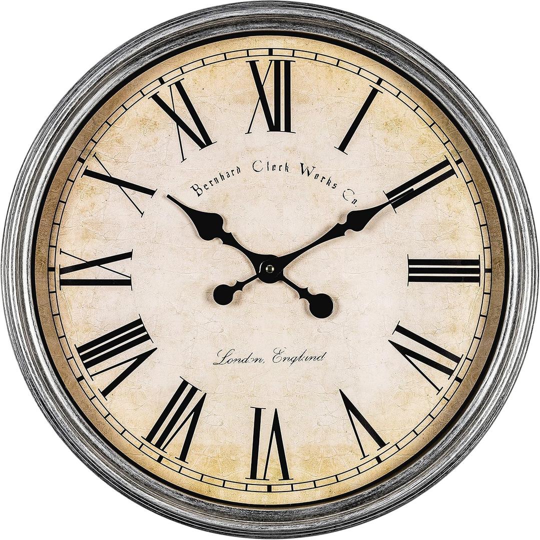 Bernhard Products Large Decorative Wall Clock 20 Inch Silent Non Ticking Battery Operated Quartz Vintage Stylish with Rustic Silver Rim for Home Living Room Dining Room Kitchen & Over Fireplace