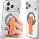 RESPECTED-BRO-Magnetic-Phone-Grip-Stand, Magnetic Phone Ring Holder Kickstand with Silicone Finger Strap, Compatibility for iPhone 17/16/15/14/13/12, Android, and More (Orange)