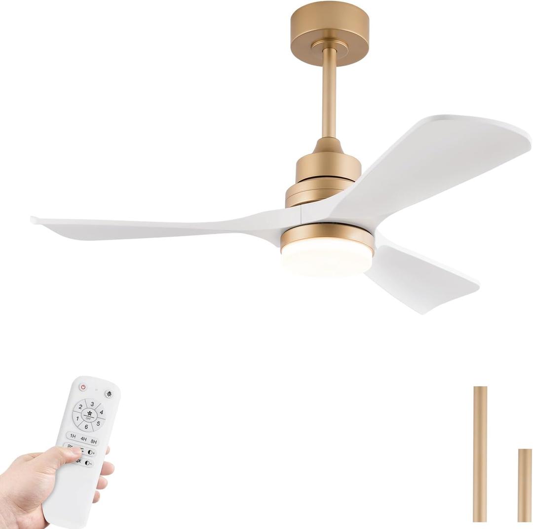 42 Inch White and Gold Ceiling Fans with Lights, ABS Blades, Noiseless Reversible DC Motor, 6 Speeds and 3 Color Temperatures, White Ceiling Fan with Remote Control for Bedroom Living Room Office