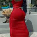 2 Piece Outfit Maxi Dress for Women, Summer Deep U Neck Sleeveless Tank Crop Tops Long Skirt Set Party Bodycon Dresses (Red, M)