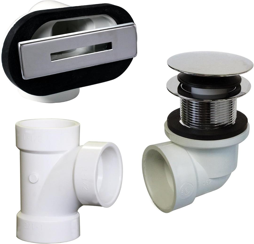 Westbrass D560RK-26 SCH. 40 PVC 1-1/2" Coarse Thread Plumber's Pack Tip-Toe Bathtub Drain Plug with Linear Overflow Faceplate, Tee & Elbows, Polished Chrome