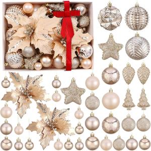 48Pcs Assorted Champagne Gold Christmas Tree Balls Ornaments Set,Mixed Shatterproof Glitter Christmas Tree Flowers Hanging Balls Stars for Christmas New Year Home Decorations (12 Styles,6 Size)