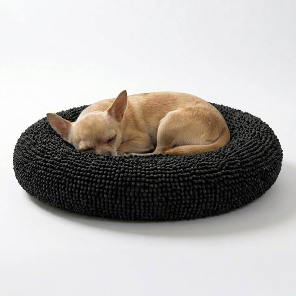 Muddy Mat Cloud K-9 Bed for Dogs & Cats, Soft & Relaxing Donut Dog Bed, Chenille Material, Removable Cover, Washable & Dryer Safe Black Small (25'x25') 