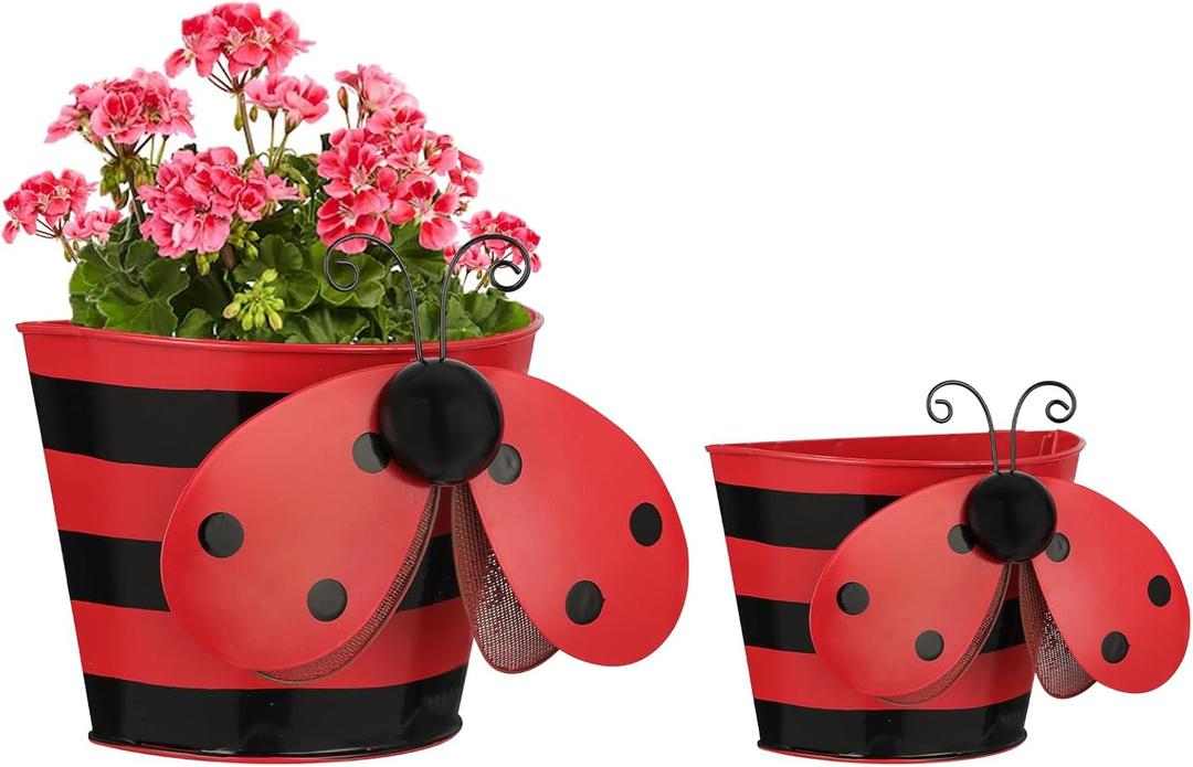 BAYN Set of 2 Ladybug Wall Hanging Planter Decor Art, Metal Wall Mounted Planters Garden Yard Decorative Flower Pot Indoor Outdoor Wall Planter Succulent Plant Container